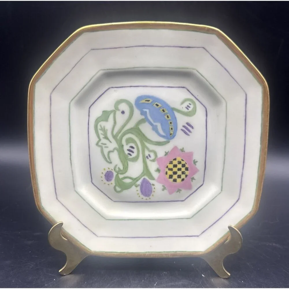 VTG B &‎ Co Limoges Hand Painted Pink Floral & Gold Octagon Plate 8.5” Signed